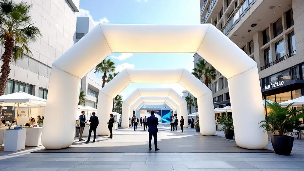 Arche gonflable personnalisée installée lors d'un événement professionnel en extérieur