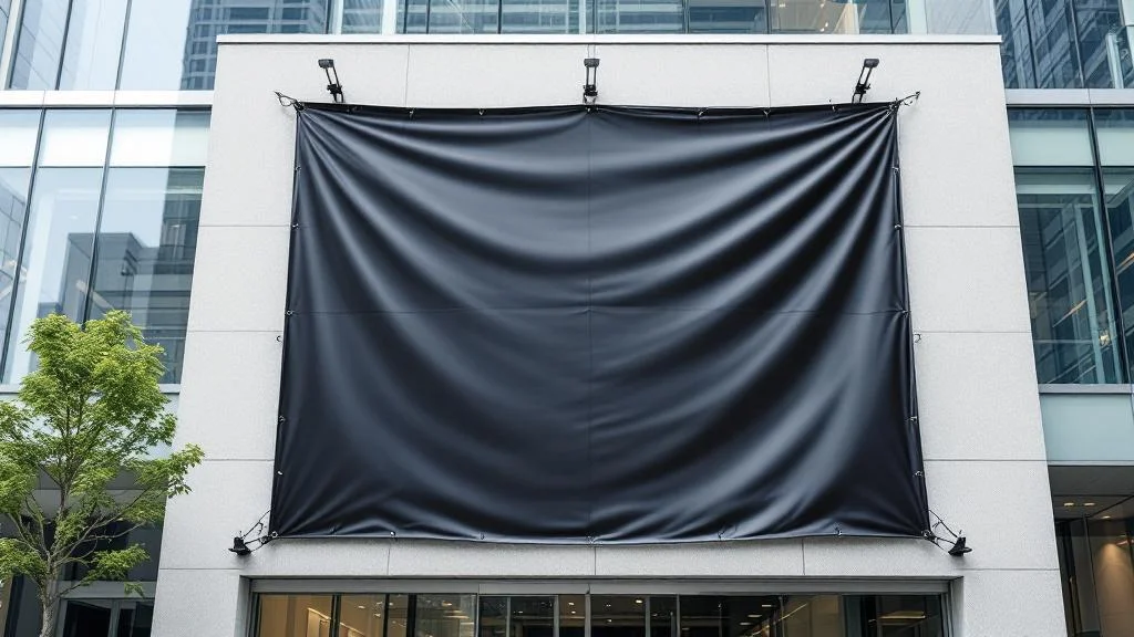 Bâche publicitaire grand format installée en façade avec œillets métalliques pour communication extérieure