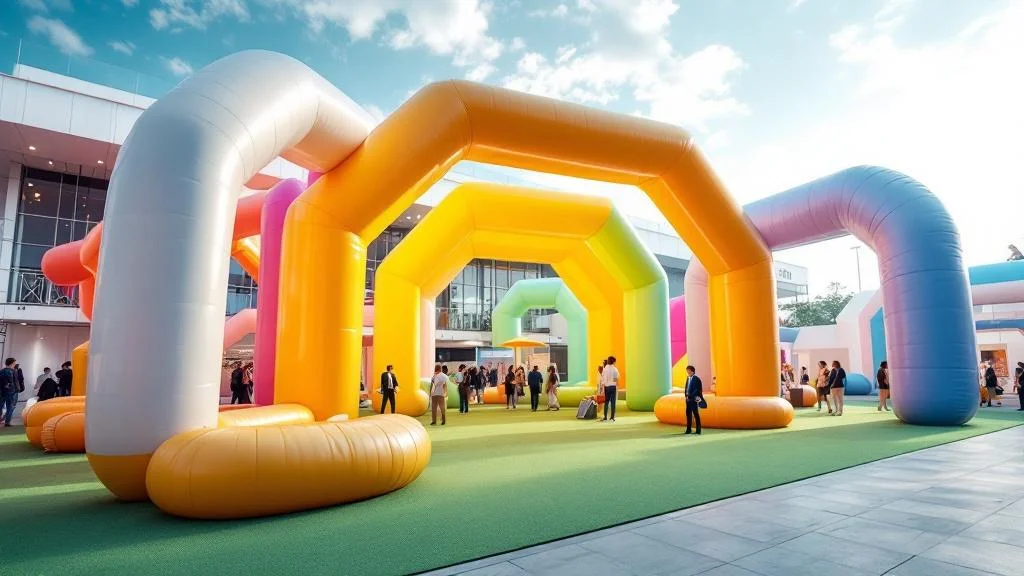 Structures gonflables publicitaires installées lors d'un événement professionnel en extérieur