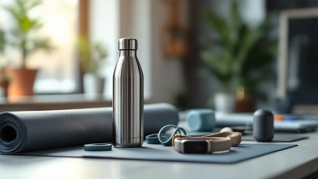 Équipement sport et fitness professionnel avec gourde inox et accessoires yoga sur bureau moderne