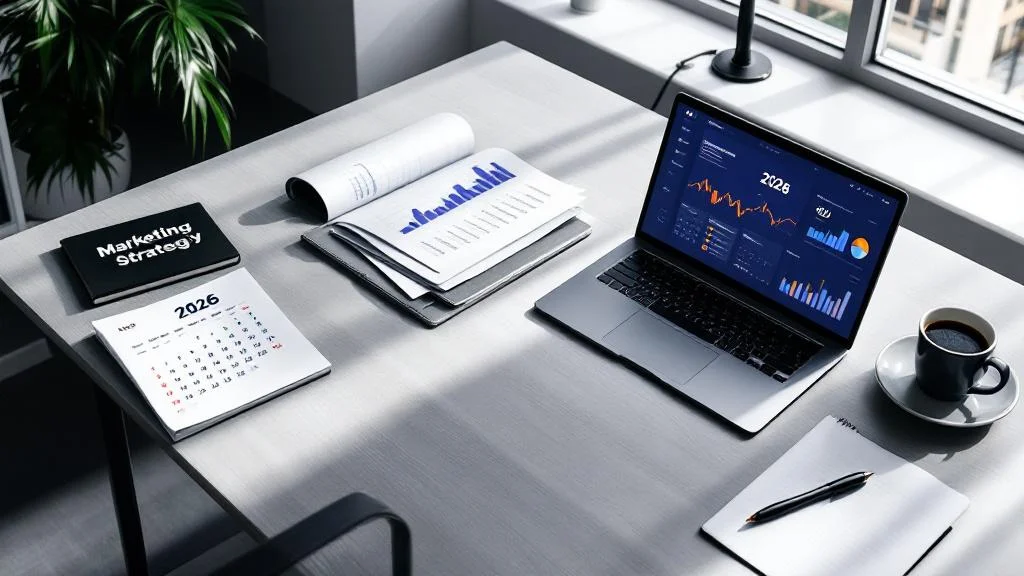 Bureau professionnel avec calendrier 2026 et documents de stratégie marketing pour planification ROI