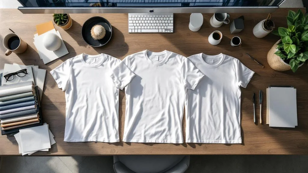 T-shirts publicitaires de différents grammages disposés sur table avec échantillons de tissus