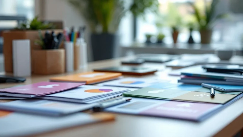 Supports de communication variés pour associations disposés sur un bureau professionnel moderne