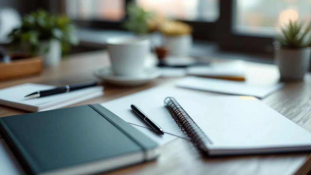 Bureau professionnel avec carnets publicitaires personnalisés et matériel marketing pour optimiser le ROI