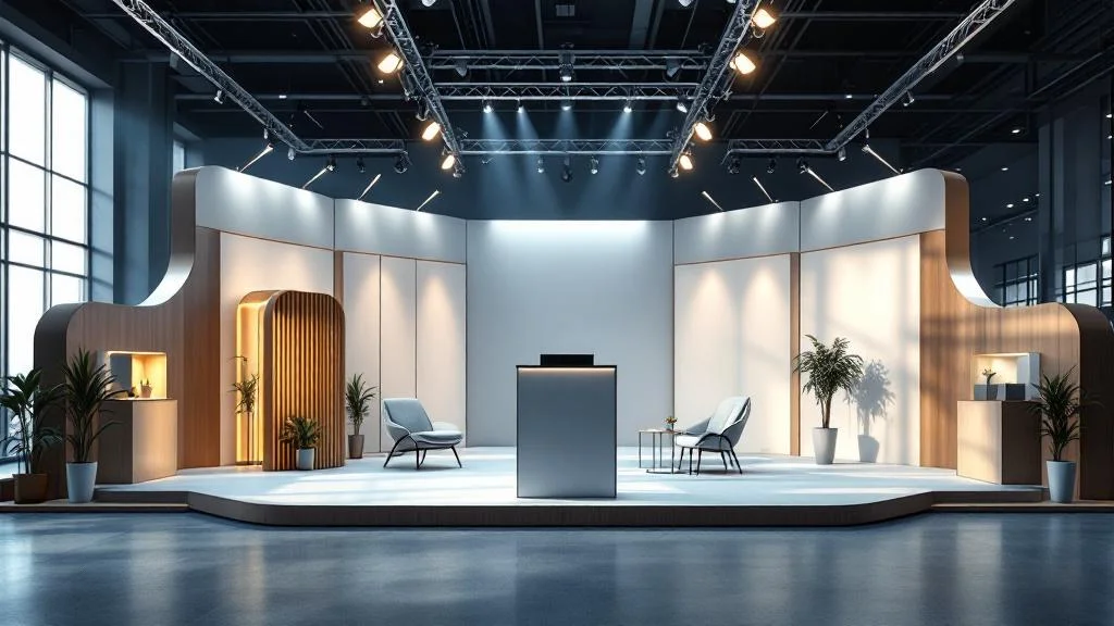 Podium de présentation moderne pour stand professionnel lors d'un salon d'entreprise