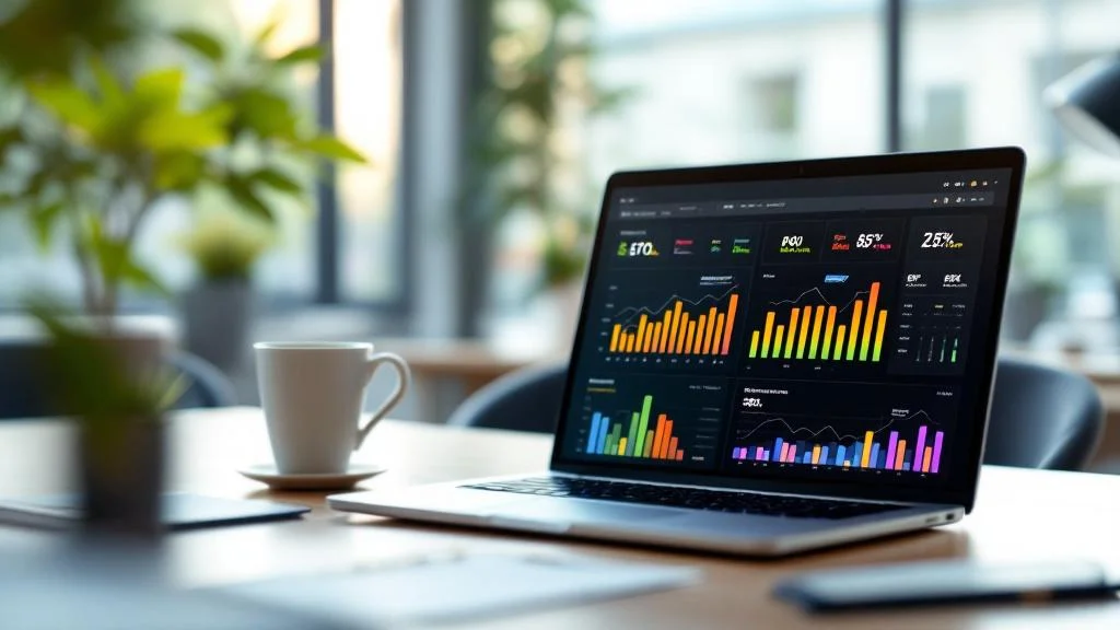 Bureau startup moderne avec graphiques ROI et analytics pour optimiser budget communication