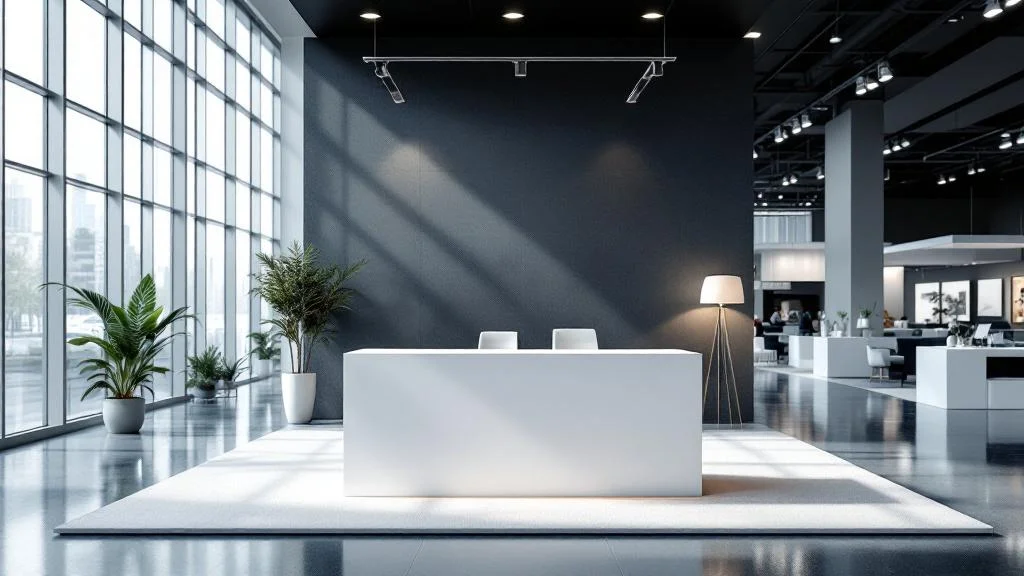 Comptoir d'accueil professionnel pour stand de salon avec design moderne et épuré