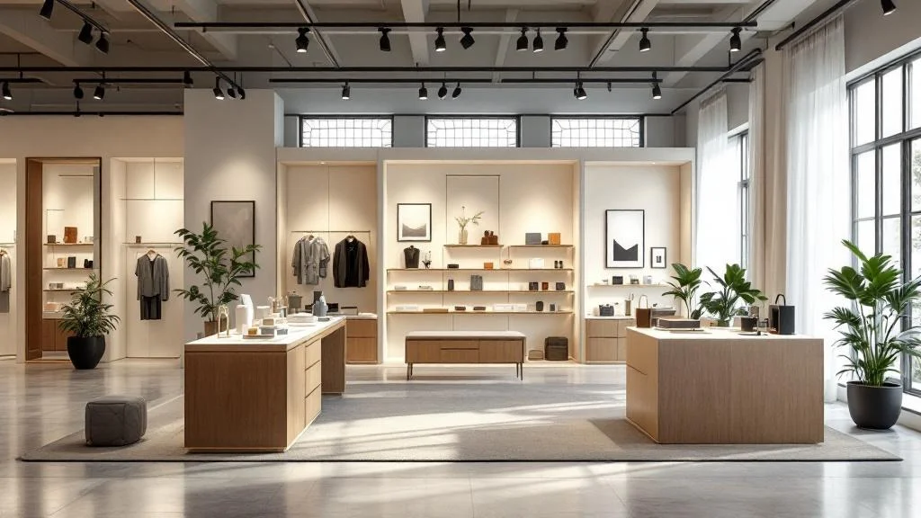 Aménagement professionnel d'un pop-up store moderne avec présentoirs et signalétique