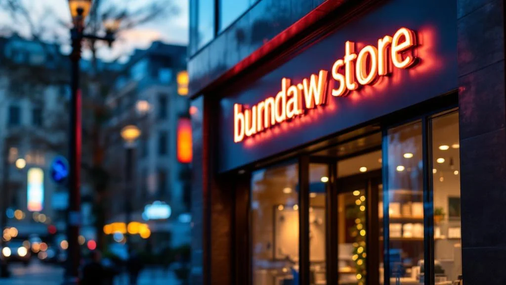 Enseigne néon LED lumineuse moderne installée sur façade commerciale professionnelle