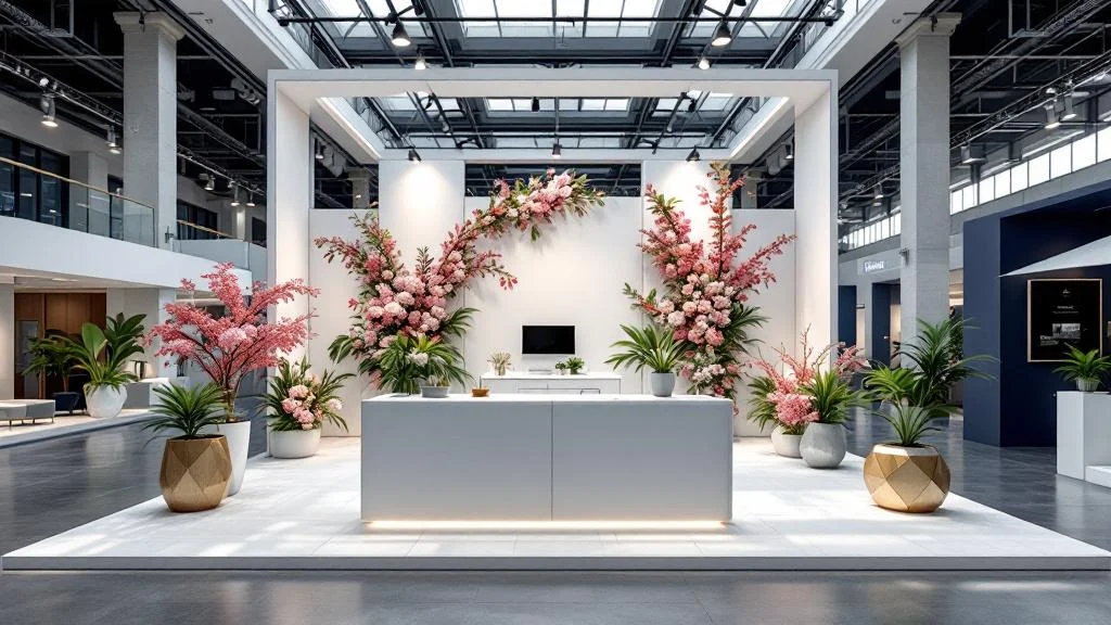 Stand professionnel avec décoration florale élégante et aménagement moderne pour salon d'entreprise