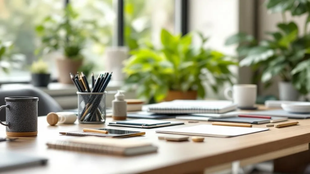 Bureau professionnel avec fournitures écologiques : stylos, carnets et accessoires high-tech durables