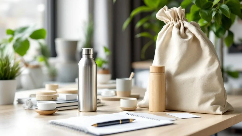 Bureau professionnel avec goodies écologiques réutilisables : gourde inox, sac toile et stylo durable