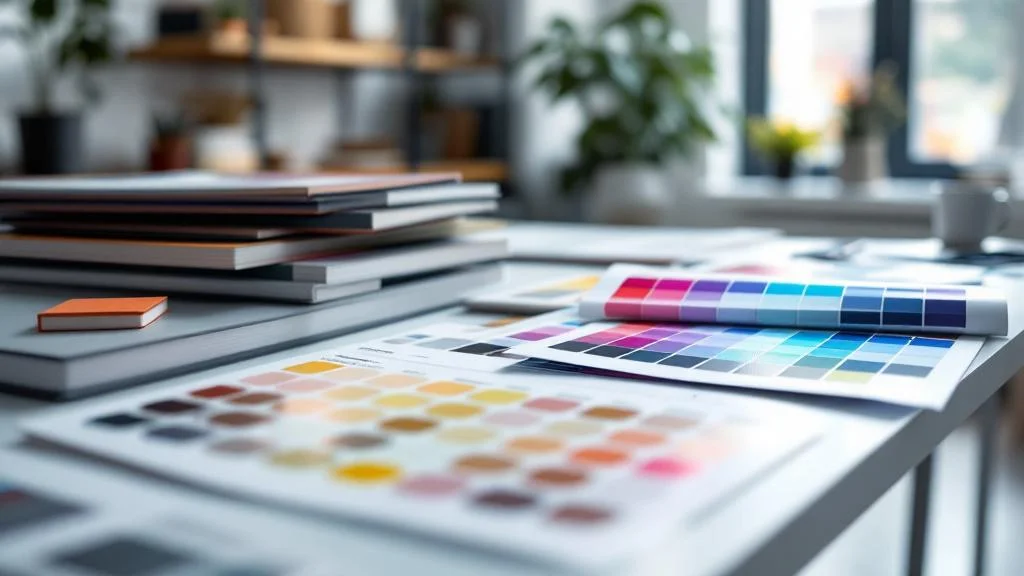 Nuanciers Pantone et CMJN sur bureau professionnel pour impression couleur de qualité