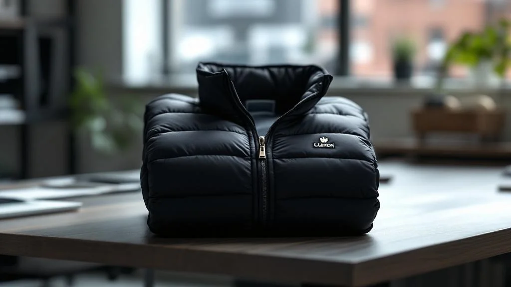 Doudoune personnalisée d'entreprise avec broderie logo sur bureau professionnel moderne