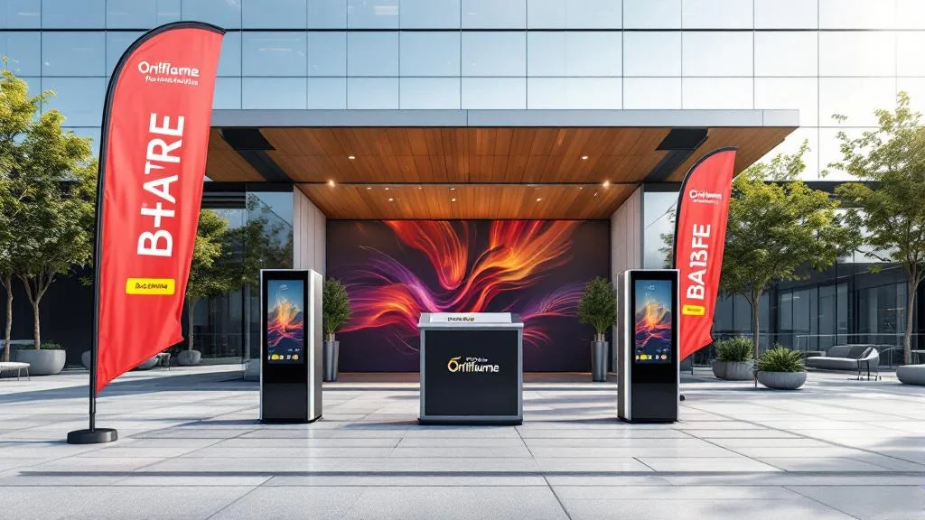 Drapeaux publicitaires oriflammes installés en extérieur pour événement professionnel