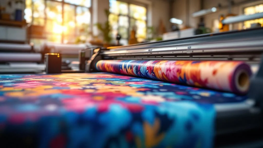 Atelier d'impression textile grand format haute définition avec imprimante professionnelle et rouleaux de tissu