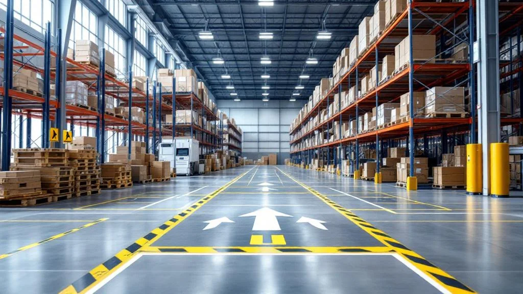 Signalétique entrepôt logistique avec marquage au sol et panneaux de sécurité conformes aux normes