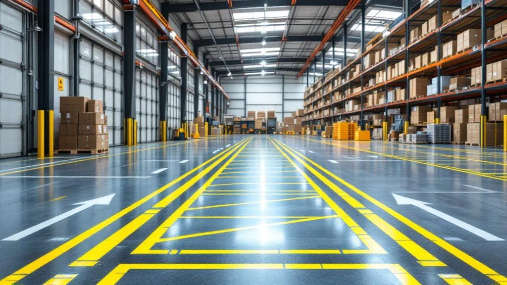 Marquage au sol industriel avec lignes de sécurité jaunes conformes aux normes RAL dans un entrepôt logistique