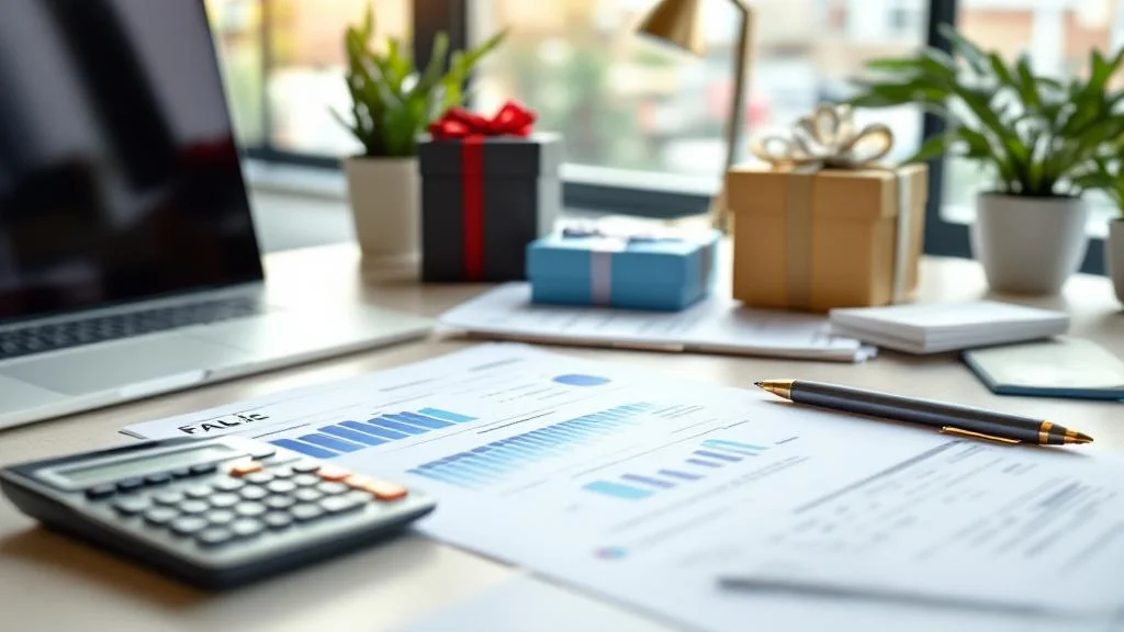 Bureau professionnel avec documents fiscaux et cadeaux d'affaires pour optimiser la TVA
