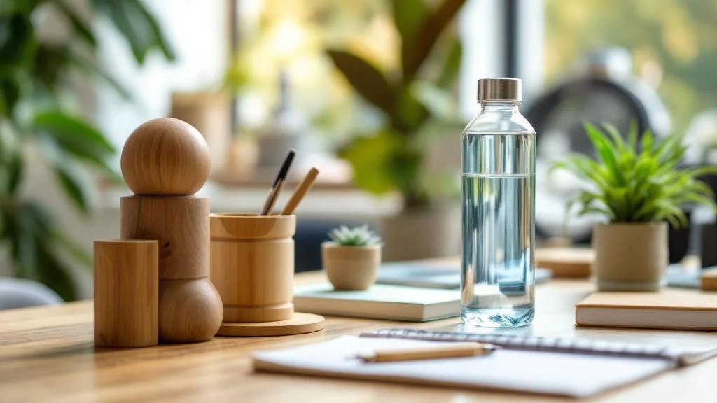 Bureau professionnel avec objets écologiques durables et accessoires responsables pour entreprise RSE