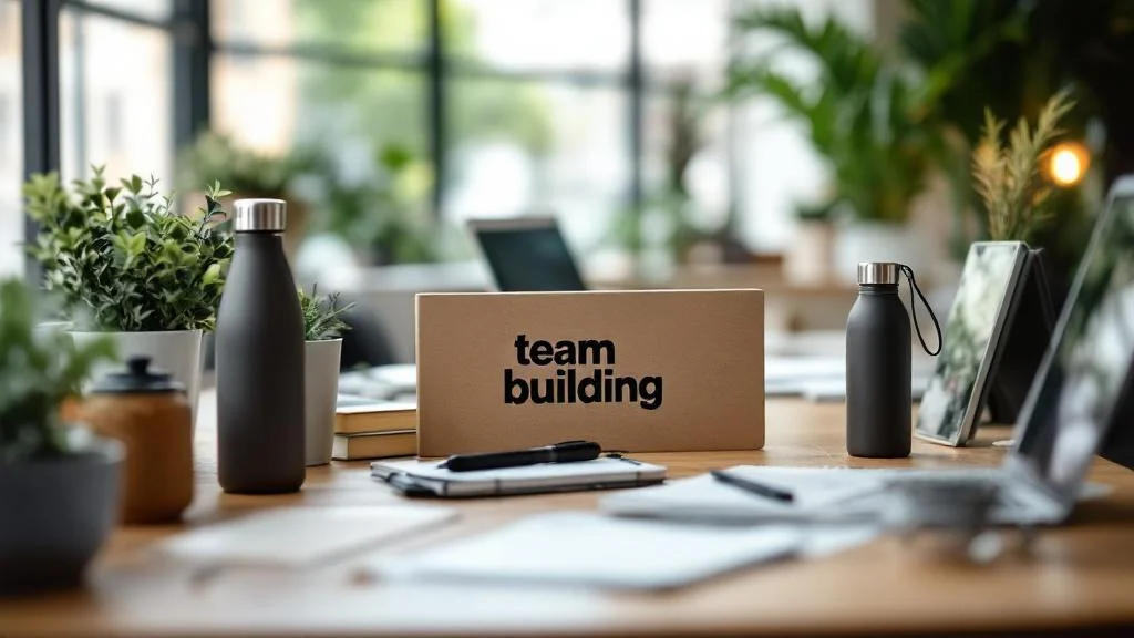 Objets publicitaires durables pour team building disposés sur un bureau d'entreprise moderne