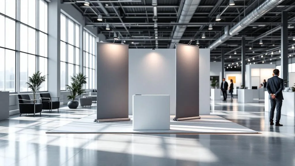Stand d'exposition professionnel avec roll-ups et kakémonos dans un salon commercial moderne