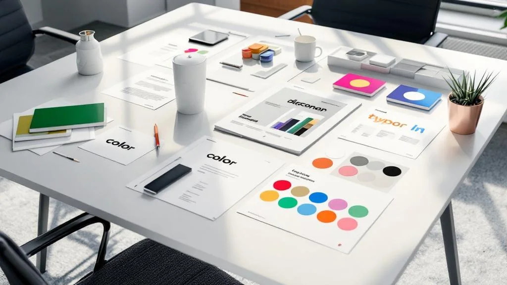 Éléments d'identité visuelle d'entreprise sur bureau professionnel avec charte graphique et nuancier