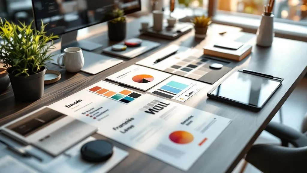 Charte graphique et éléments d'identité visuelle pour franchise disposés sur bureau professionnel