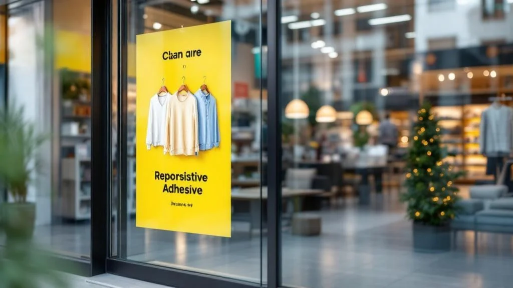 Vitrine commerciale avec adhésifs repositionnables sans résidu pour communication visuelle professionnelle