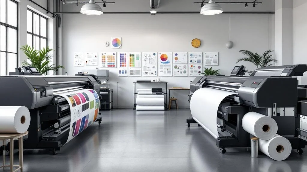 Atelier d'impression grand format avec imprimantes latex et écosolvant pour communication visuelle