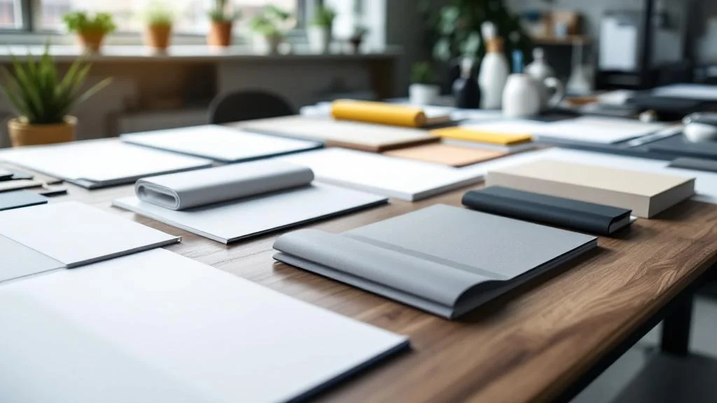 Échantillons de papier et reliures pour impression de livrets professionnels sur bureau moderne