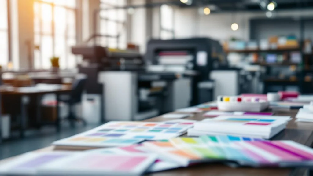 Atelier d'impression offset et numérique avec échantillons de couleurs Pantone et supports imprimés