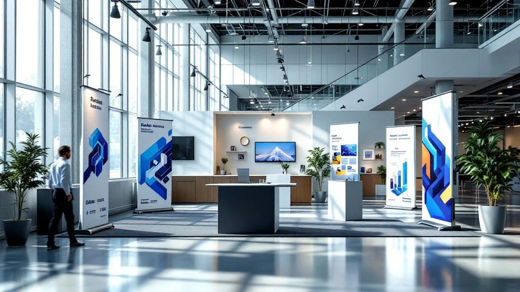 Stand professionnel avec kakémonos et roll-ups pour salon événementiel