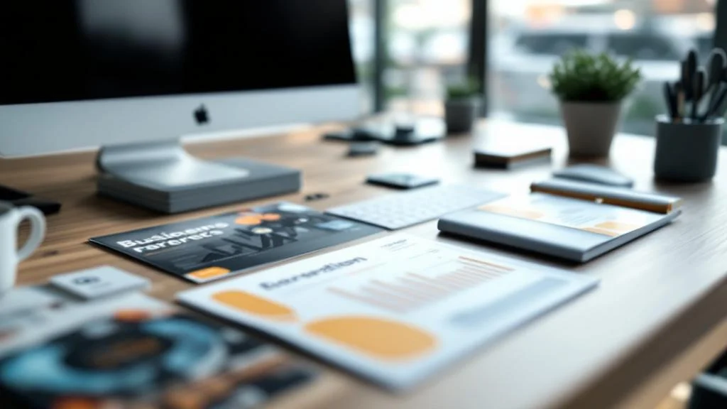 Support de communication print B2B disposés sur un bureau professionnel avec éclairage naturel