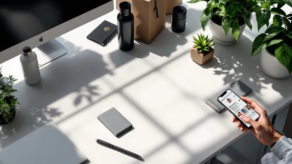 Bureau moderne avec objets publicitaires élégants et smartphone pour marketing d'influence phygital