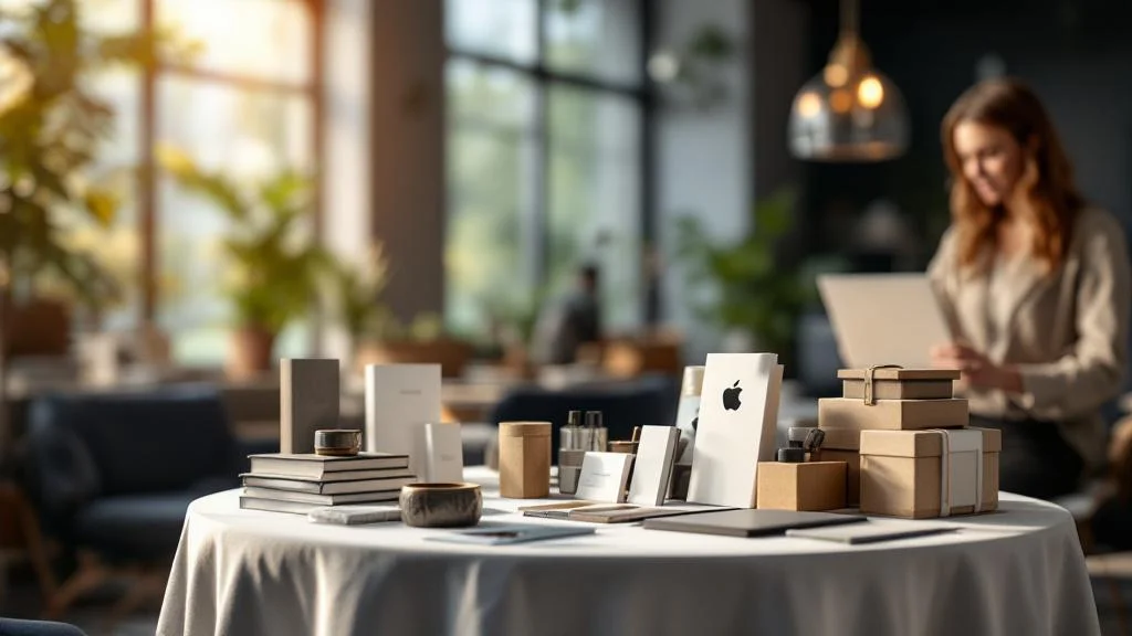 Stand d'expérience de marque avec objets publicitaires et supports de communication visuelle personnalisés