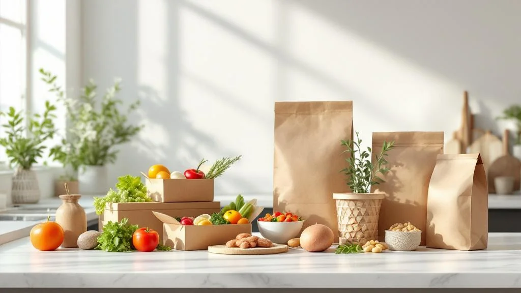 Packaging alimentaire écologique personnalisé avec boîtes carton et sacs kraft sur comptoir moderne