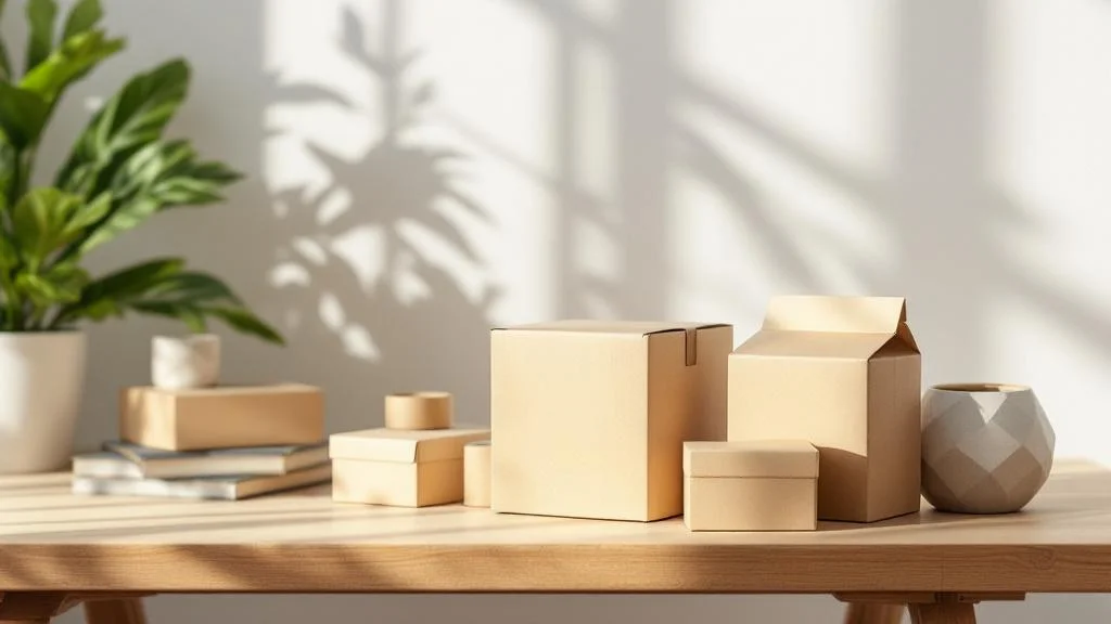 Packaging minimaliste écologique en carton recyclé sur bureau moderne avec lumière naturelle