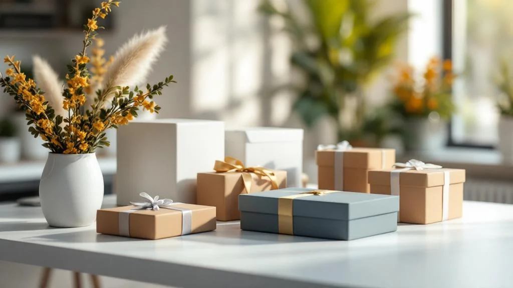 Packaging personnalisé et boîtes cadeaux sur bureau moderne pour marketing d'entreprise