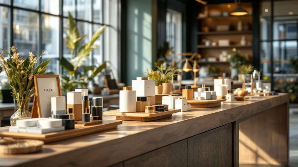 Présentoir de comptoir PLV moderne pour optimiser la présentation produits en magasin