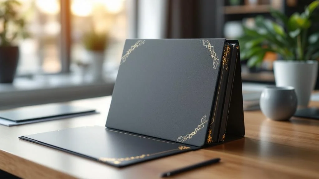 Chemise à rabats personnalisée avec finitions dorure et vernis 3D sur bureau professionnel moderne