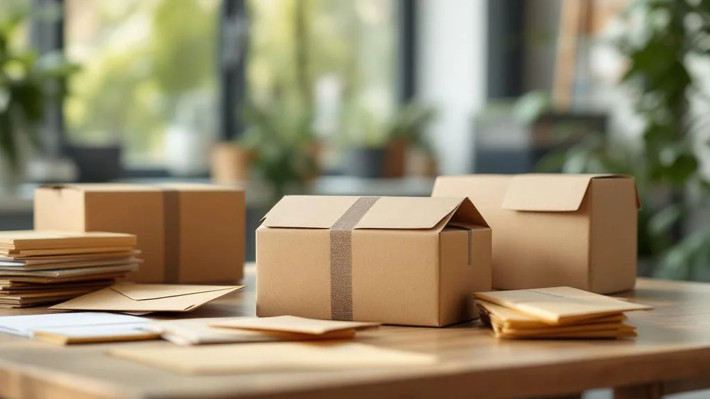 Enveloppes cartonnées rigides pour envois professionnels sur bureau moderne avec éclairage naturel