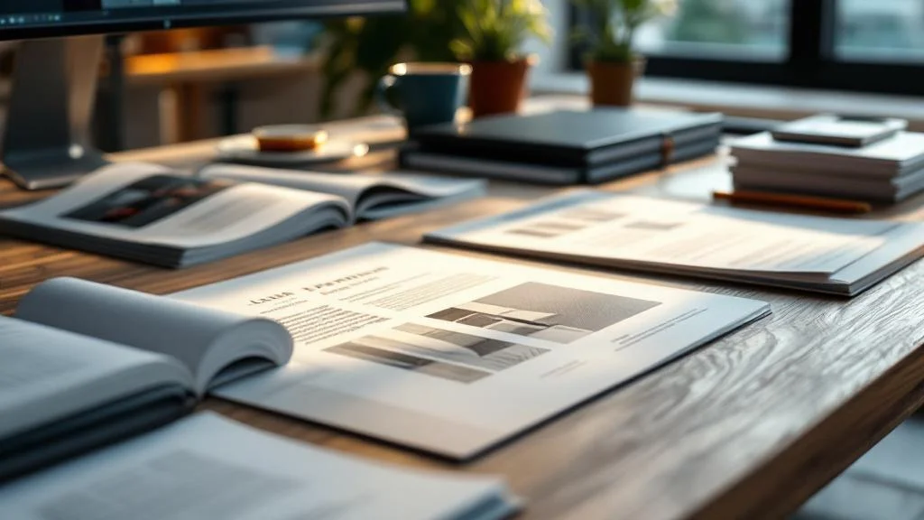 Supports de communication imprimés haut de gamme sur bureau professionnel avec éclairage naturel