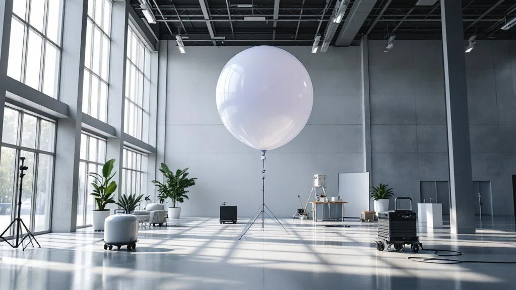 Installation logistique d'un ballon publicitaire géant sur trépied dans un salon professionnel