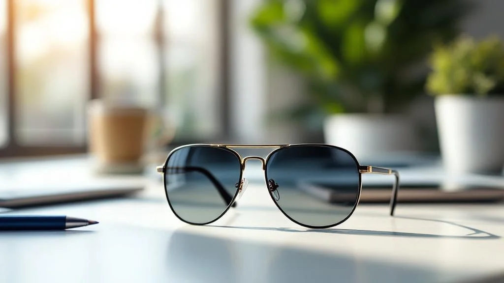 Lunettes de soleil publicitaires personnalisées sur bureau professionnel avec lumière naturelle