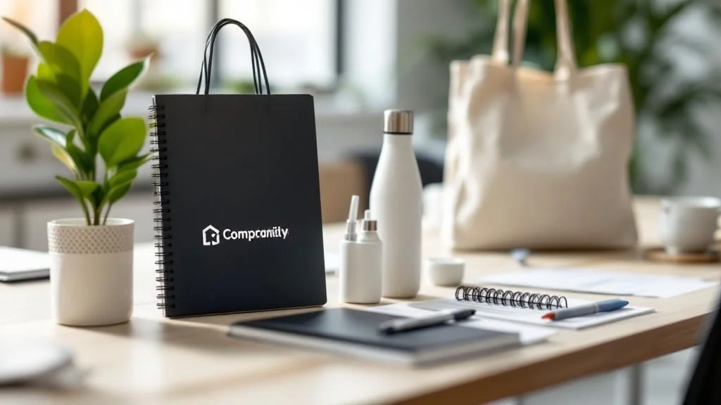 Ensemble de goodies personnalisés pour marque employeur disposés sur un bureau moderne