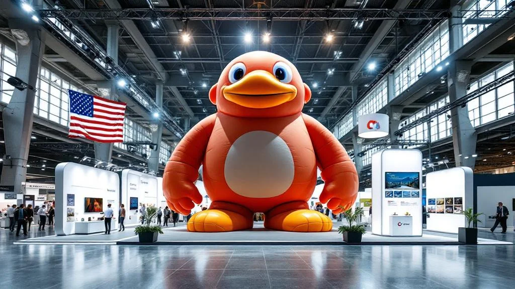 Mascotte gonflable géante installée sur un stand professionnel lors d'un salon événementiel
