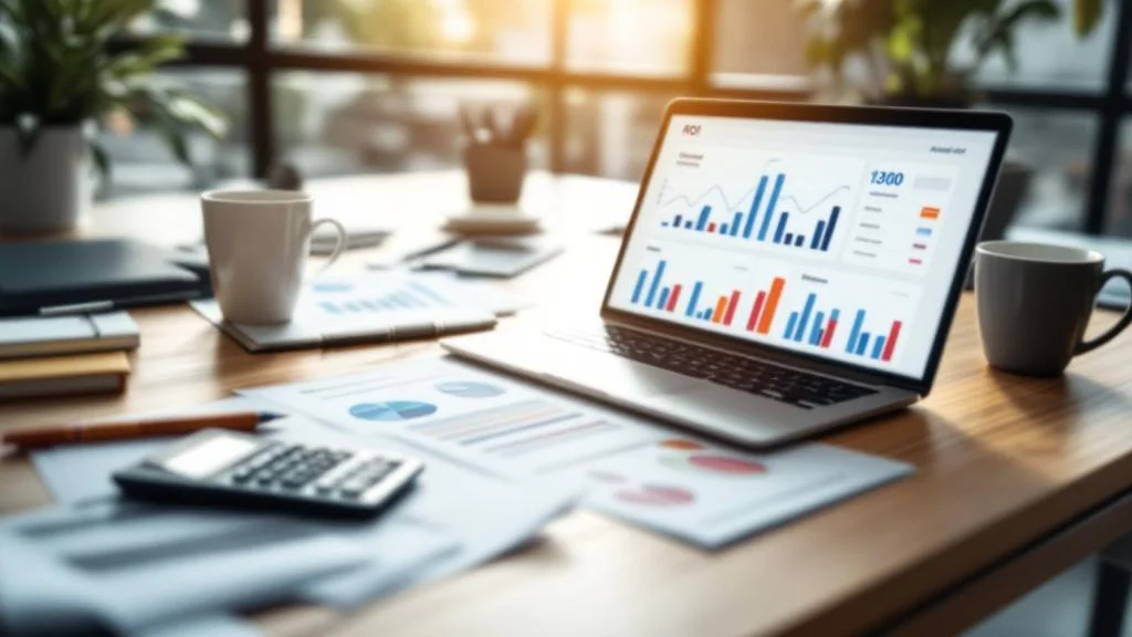 Analyse ROI et métriques de performance marketing sur bureau professionnel avec graphiques et calculatrice