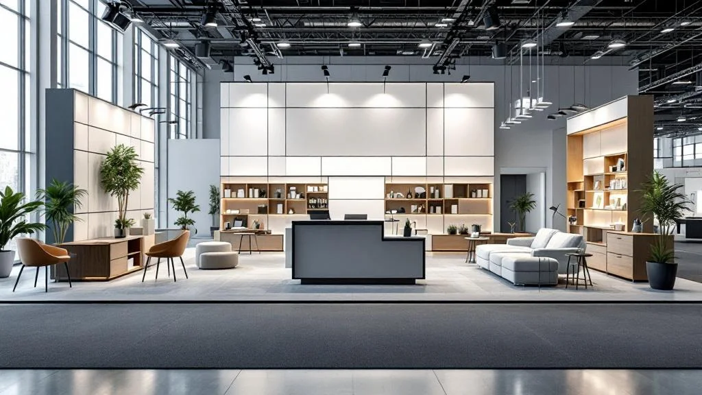 Mobilier modulaire professionnel pour stand de salon avec comptoir d'accueil et espaces de rangement