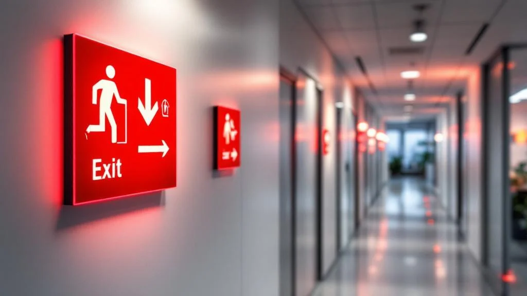 Signalétique incendie photoluminescente conforme aux normes ISO 7010 dans un environnement professionnel